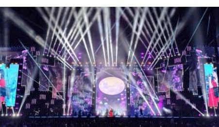 Arena stage in Monterrey with a main LED screen and side screens