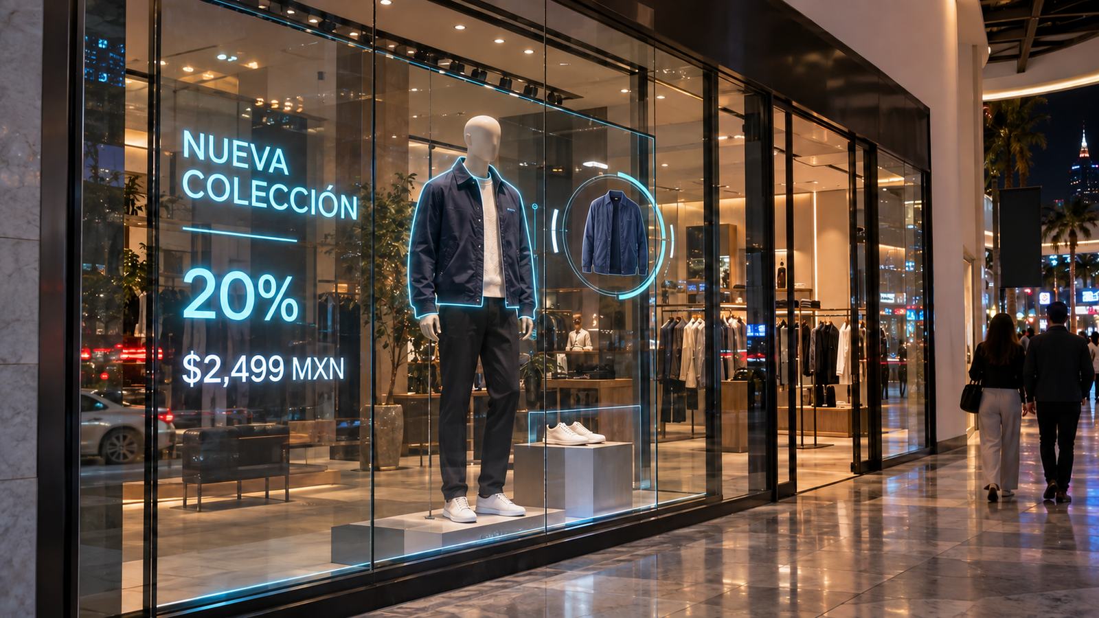 Store window with a transparent OLED screen showing a promotion on the glass