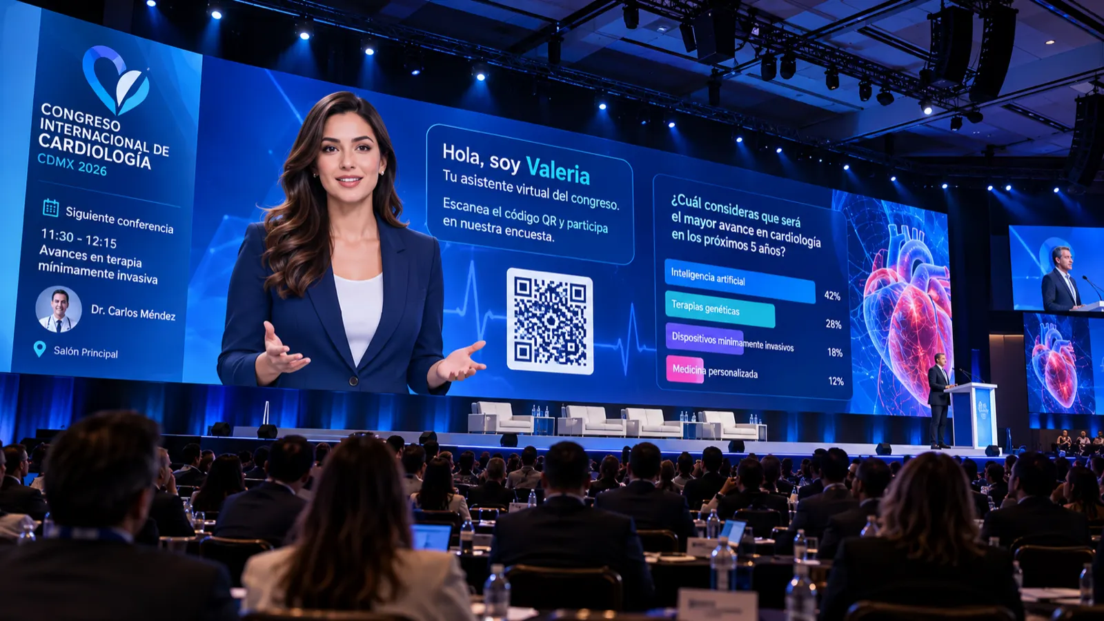 Presentadora virtual con inteligencia artificial en una pantalla LED gigante durante un congreso médico