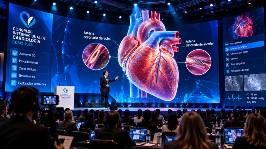 Conferencista explicando un corazón tridimensional gigante en pantalla LED en un congreso de cardiología