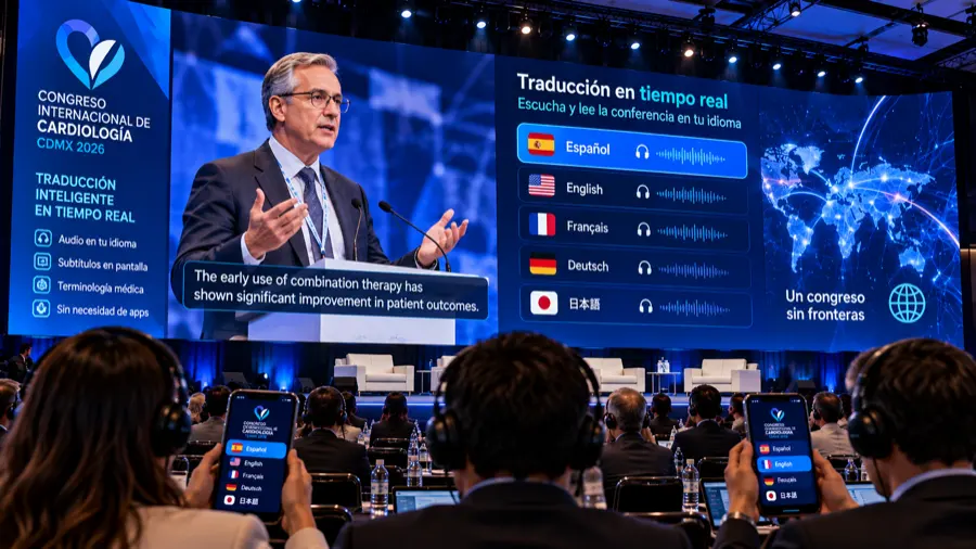 Congreso internacional con selección de idioma en los teléfonos y subtítulos en la pantalla LED