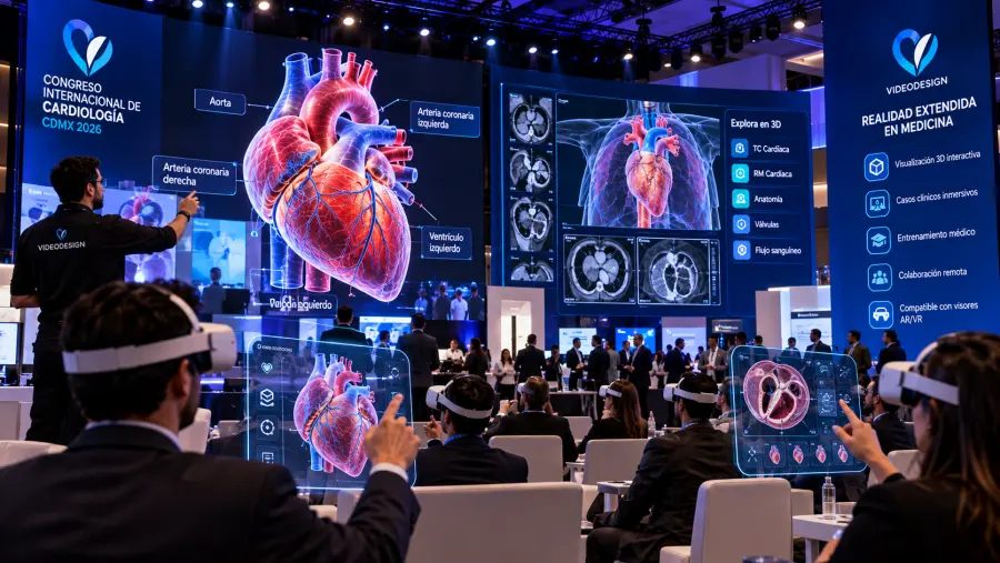 Congreso médico con anatomía cardiaca 3D en pantallas LED y asistentes explorando contenidos con visores de realidad extendida