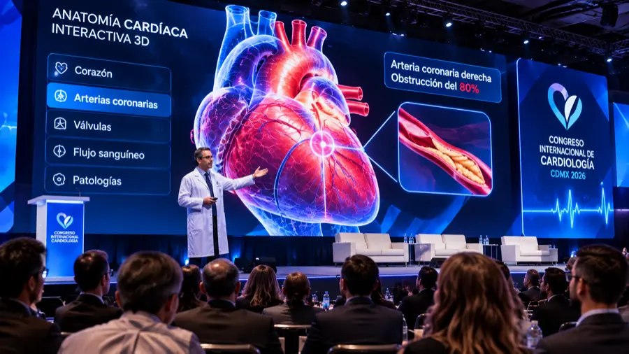 Escenario de congreso médico con pantalla LED envolvente y anatomía cardíaca interactiva en 3D