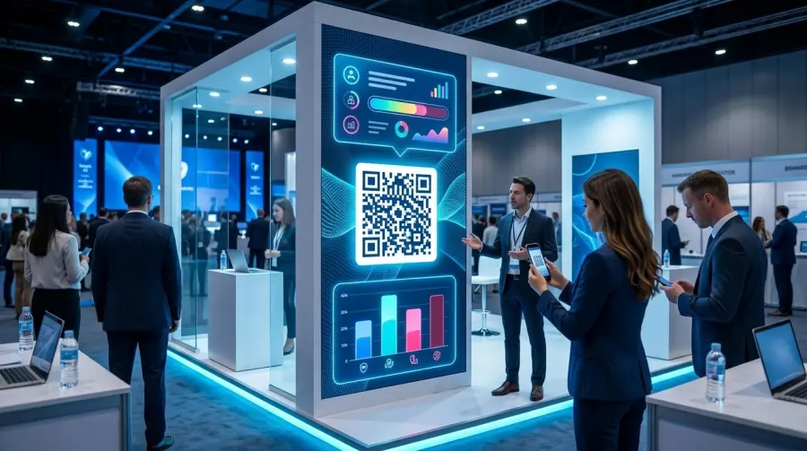 Stand de patrocinador en una exposición con pantalla LED vertical, código QR y resultados de participación en tiempo real