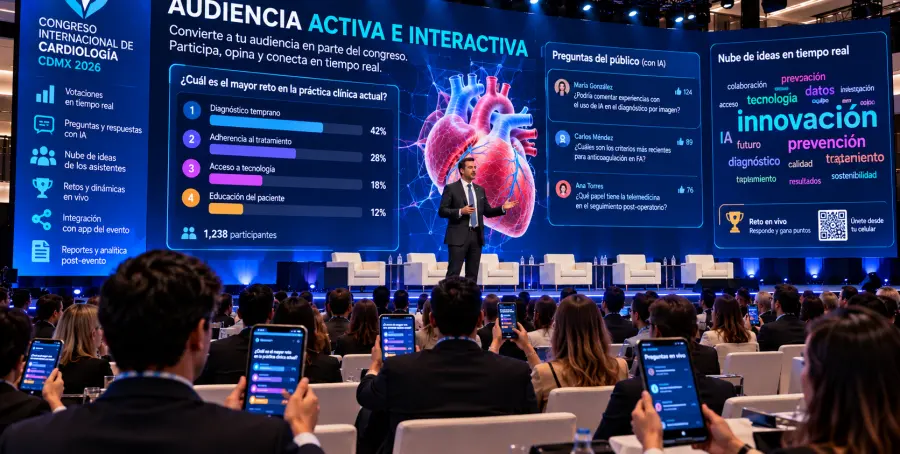 Pantalla LED de congreso con votación en vivo, preguntas del público con IA y nube de ideas, mientras los asistentes participan desde el celular