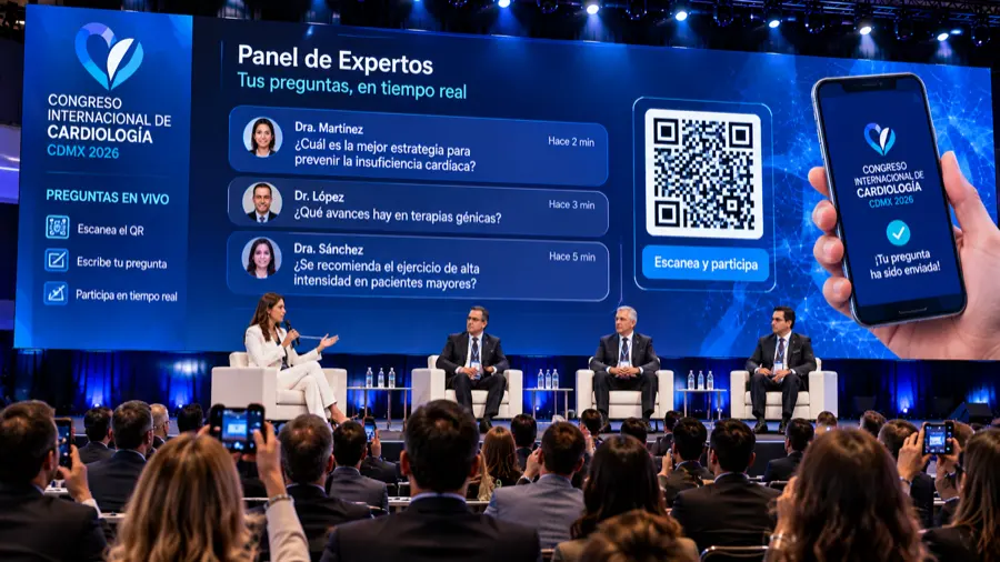 Panel de expertos respondiendo preguntas del público enviadas por código QR y mostradas en pantalla LED