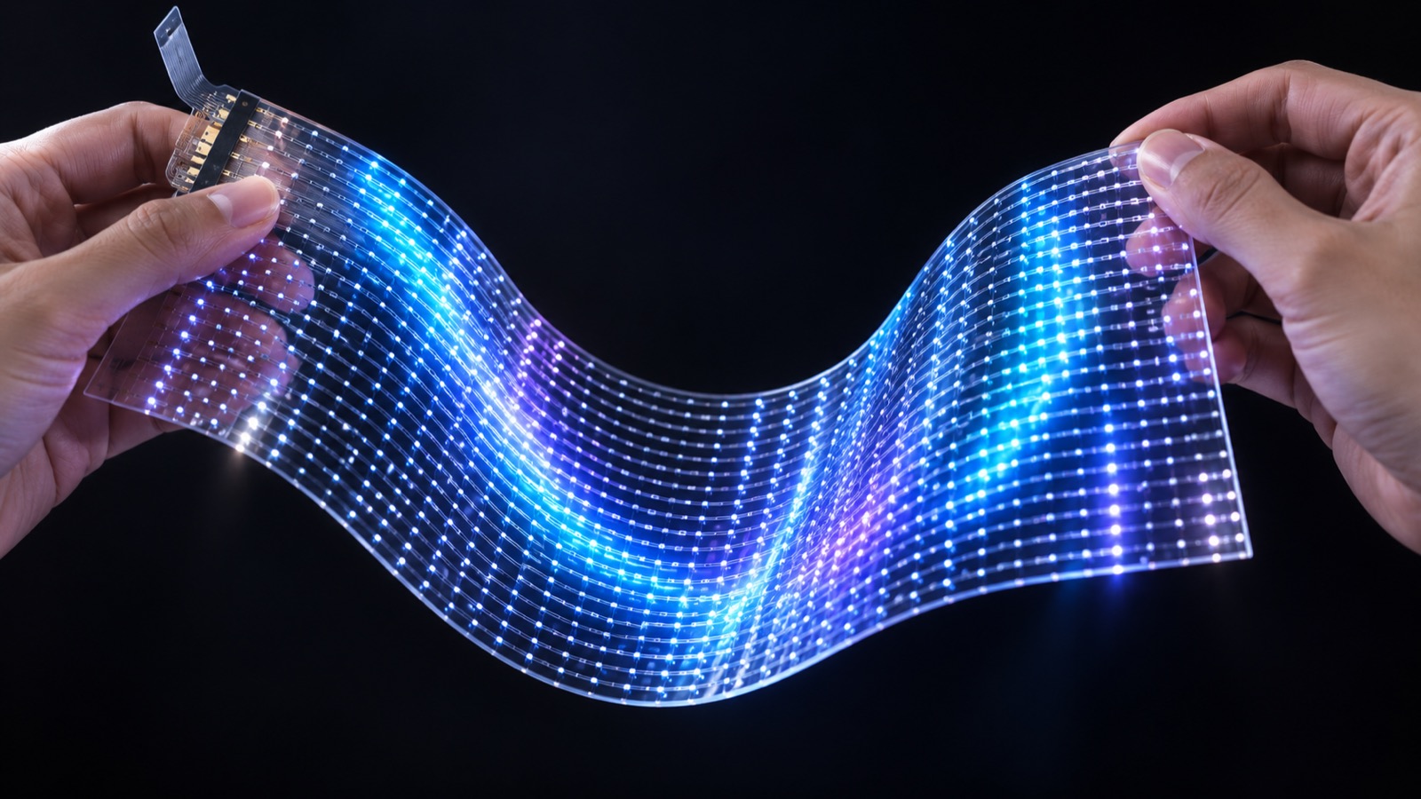 Two hands holding and bending the transparent LED film while it is on